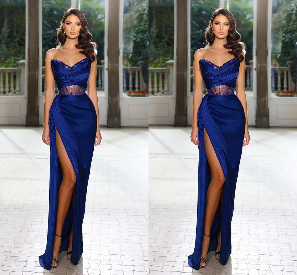 Vestidos de fiesta de sirena de talla grande en azul real para mujer, vestido con escote en forma de corazón y lado alto, vestido para ocasiones especiales, ropa formal, vestidos de noche para celebridades de cumpleaños