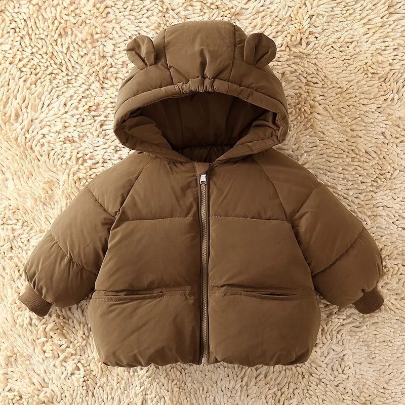 Donsjas 2023 baby winter verdikte jassen meisjes jongens pluche warme bovenkleding kinder effen katoenen parka's met capuchon sneeuwpak 231030