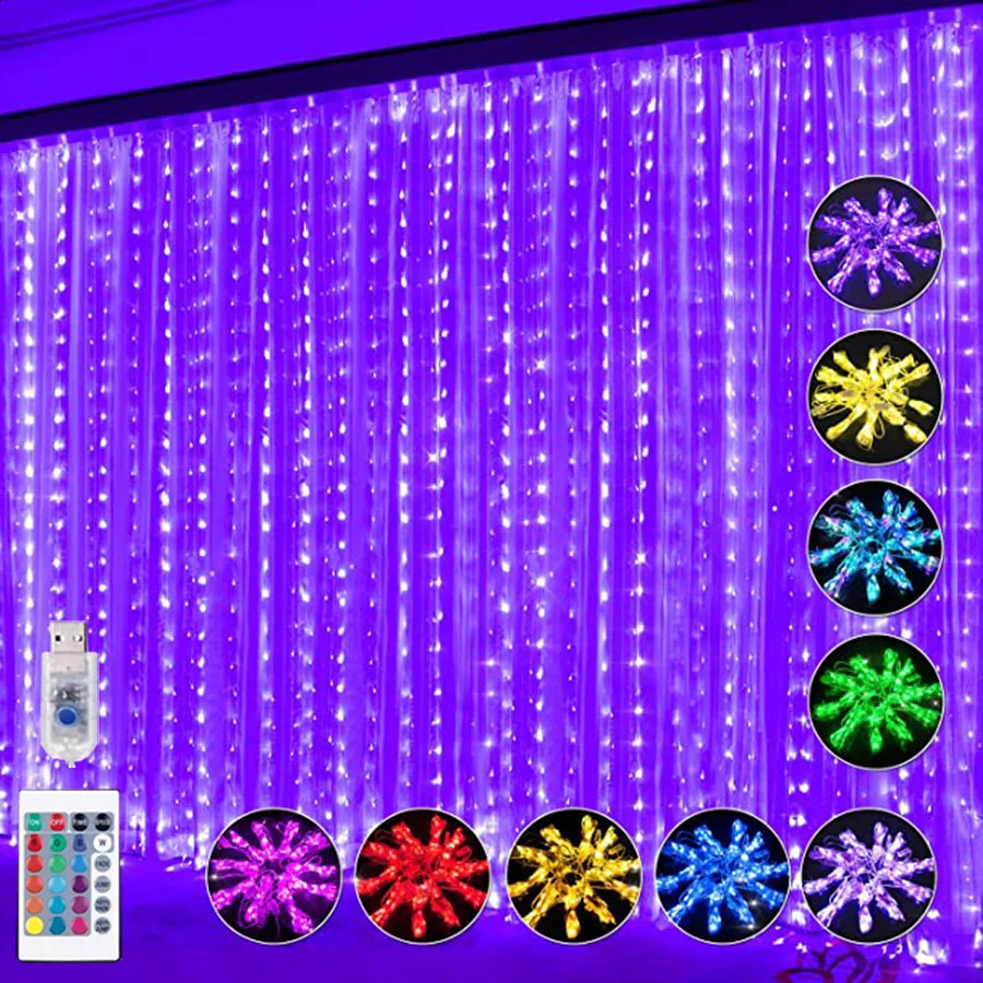 Christmas Decorations Window Curtain String Light 300 LED Changing Rainbow Lights USB Powered Fairy Icicle For Wedding Party 231030