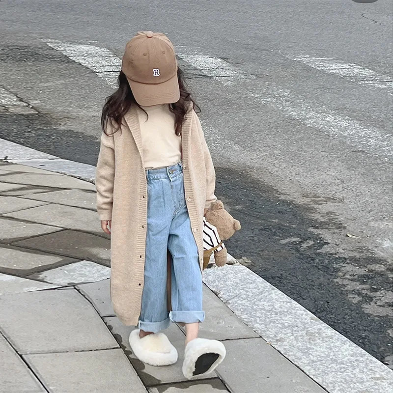 Pullover Children Clothing Spring Autumn Girl Knitting Cardigan Fashionable Korean Style Loose Slimming Medium Long Sweater Coat 231030