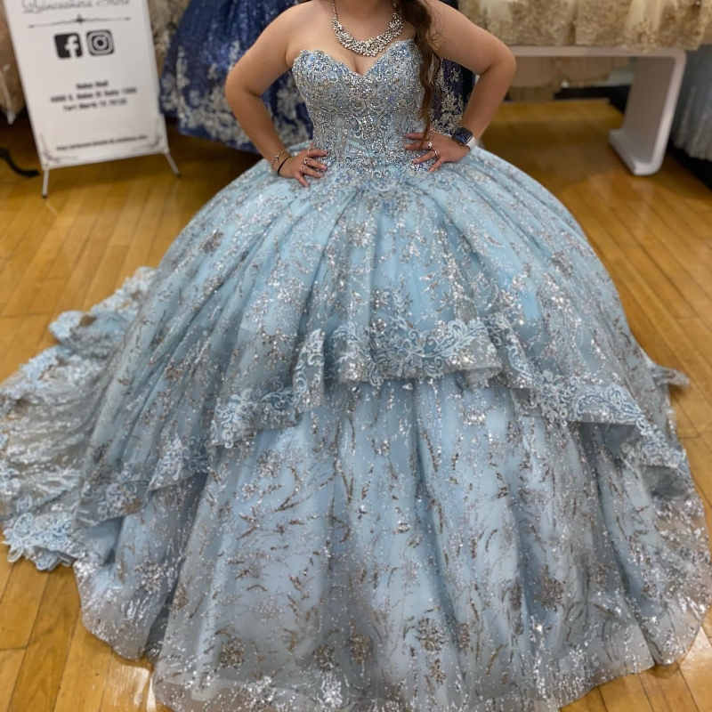 Sky Blue Shiny Sweetheart Ball Gown Quinceanera Dress 2024 Tulle Applicques Off Axla Sweet 15 16 Year Birthday Party Formal