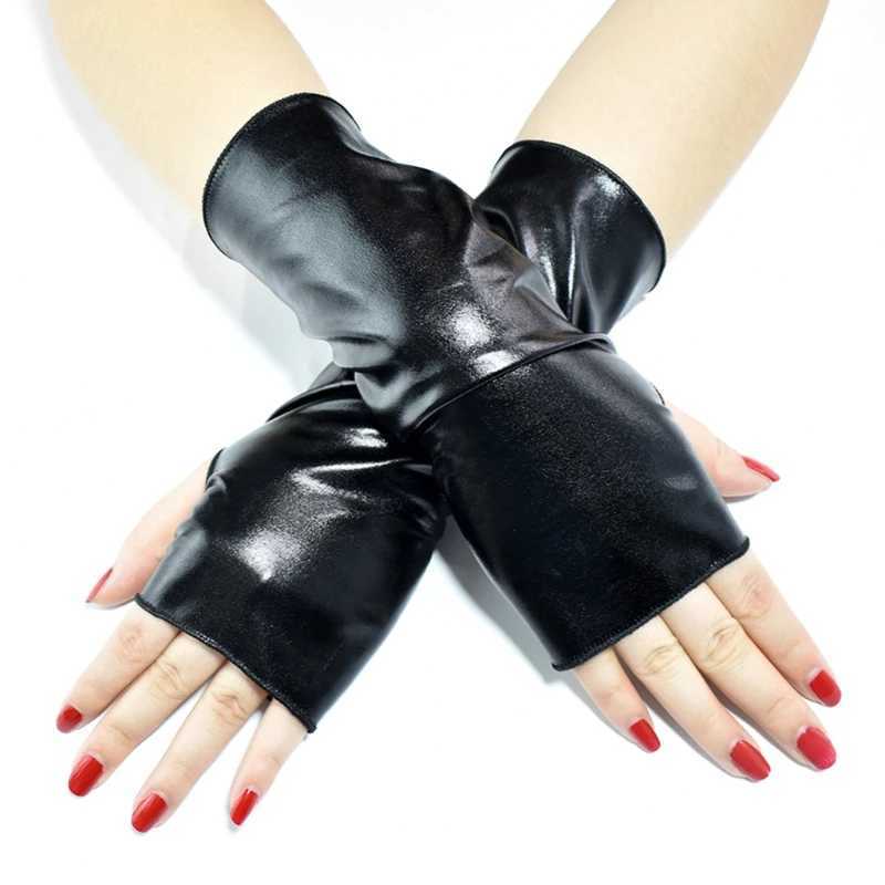 Fingerless Gloves Women Punk Shiny Faux Patent Leather Short Fingerless Gloves Halloween Costume Hip Hop Dance Party Half Finger MittensL231017