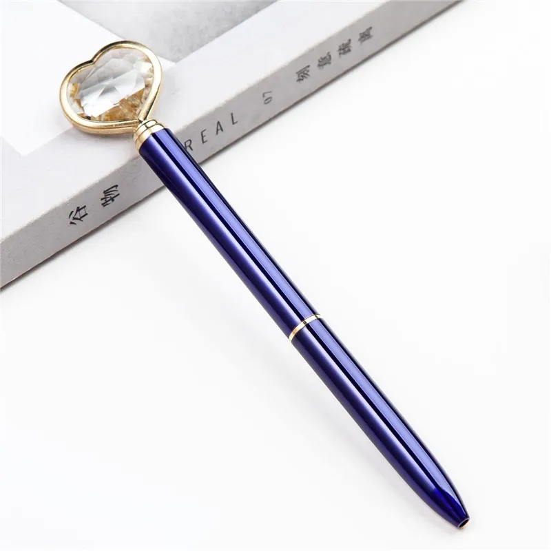 Partihandel Creative Big Crystal Heart-Shaped Diamond Ballpoint Pences Fashion School Office levererar ny design Big Gem Metal Ball Pen Student Gift