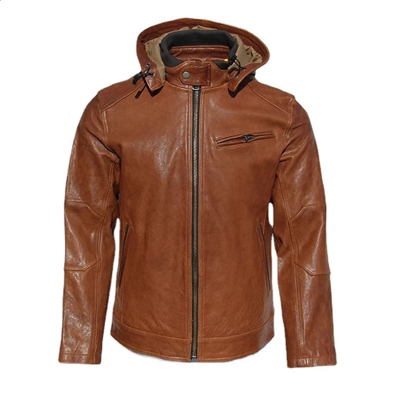 Veste en cuir véritable pour hommes, veste en cuir véritable pour hommes, capuche amovible, peau de mouton tannée, manteau d'hiver épais, manteau en cuir véritable, vêtements de motard 231030