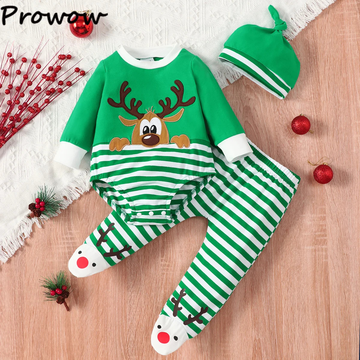 Kläder sätter Prowow 0 18m My First Christmas Baby Outfits Cartoon Deer Romper Randed Footed Pants Hatt Happy Year Costume 2024 231030