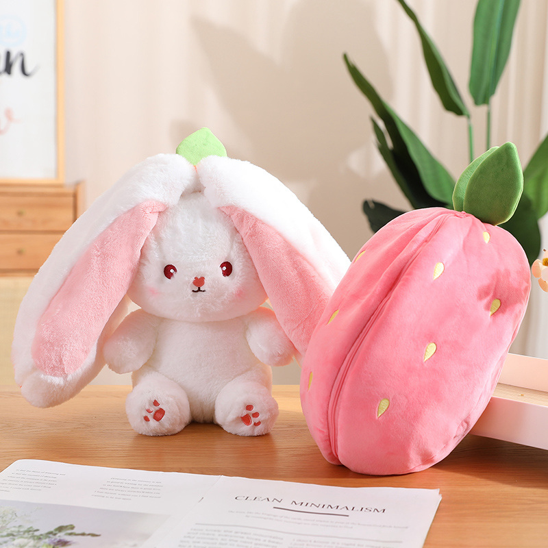 Creative Funny Doll Morot Rabbit Plush Toy Fylld mjuk kanin som gömmer sig i jordgubbspåse Toys for Kids Girls Birthday Present 9.84 tum / 25cm LA865