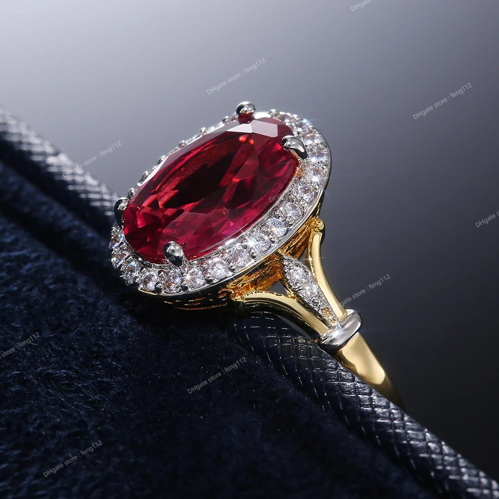 Hermosas mujeres anillos de dedo para fiesta de boda Oval rojo CZ diseño de dos tonos regalos de cumpleaños nobles joyería de moda elegante para mujer joyería de modaAnillos Accesorios de joyería