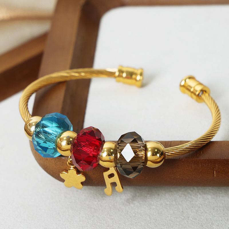 ins stile semplice accessorio di moda multicolore cristallo pietra perline design senso bracciale aperto in acciaio al titanio placcato oro