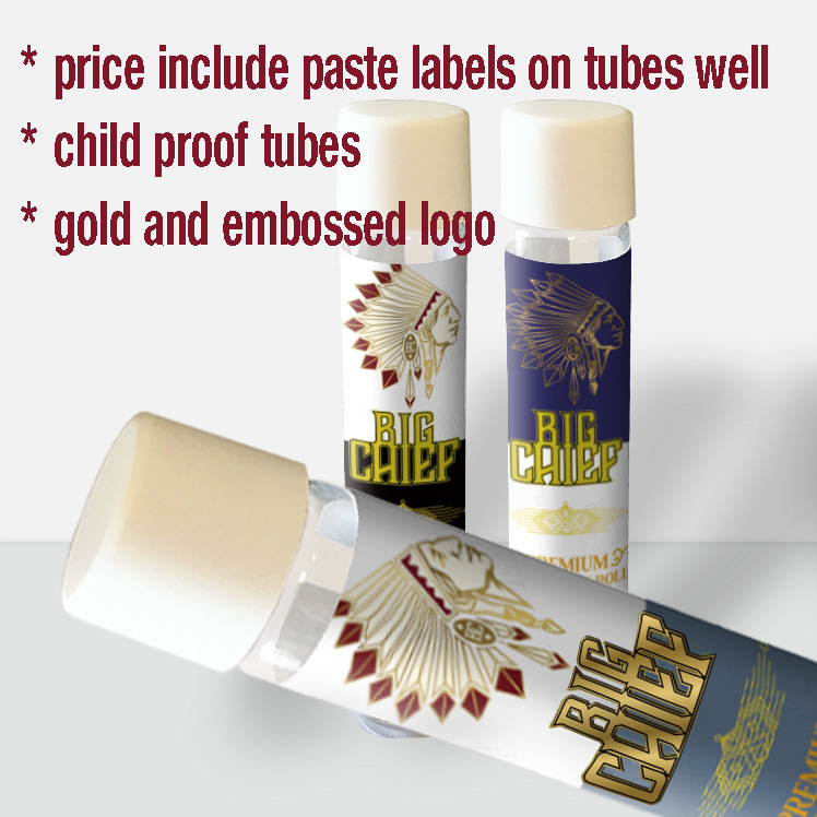 Tom Big Chief California Honey Take Flight Preroll Pre Roll Premium Infused Pre-Roll Child Proof Glass Tube Gold Präglade etiketter