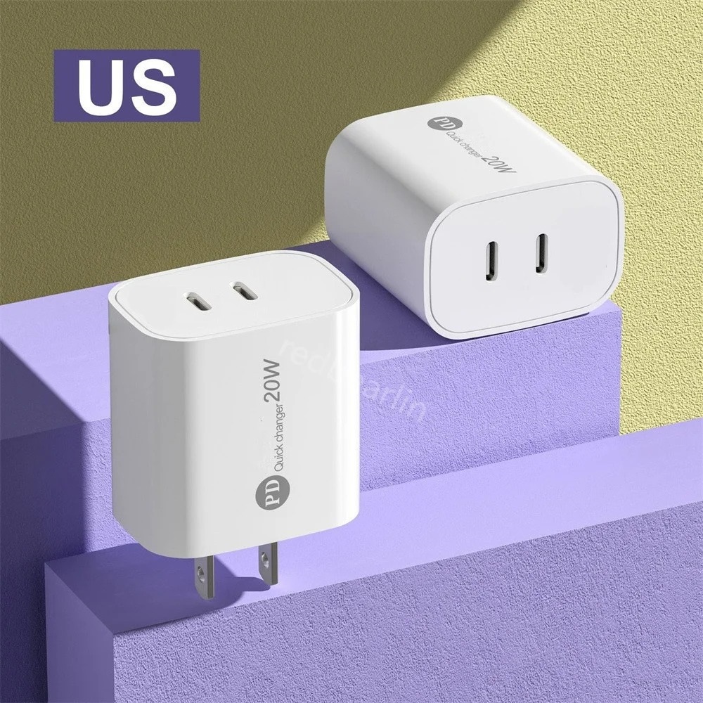 12W PD USB-C Väggladdare Dual USB-portar Typ C Power Adapter 2.4A för iPhone Samsung S22 S23 HTC Android-telefon