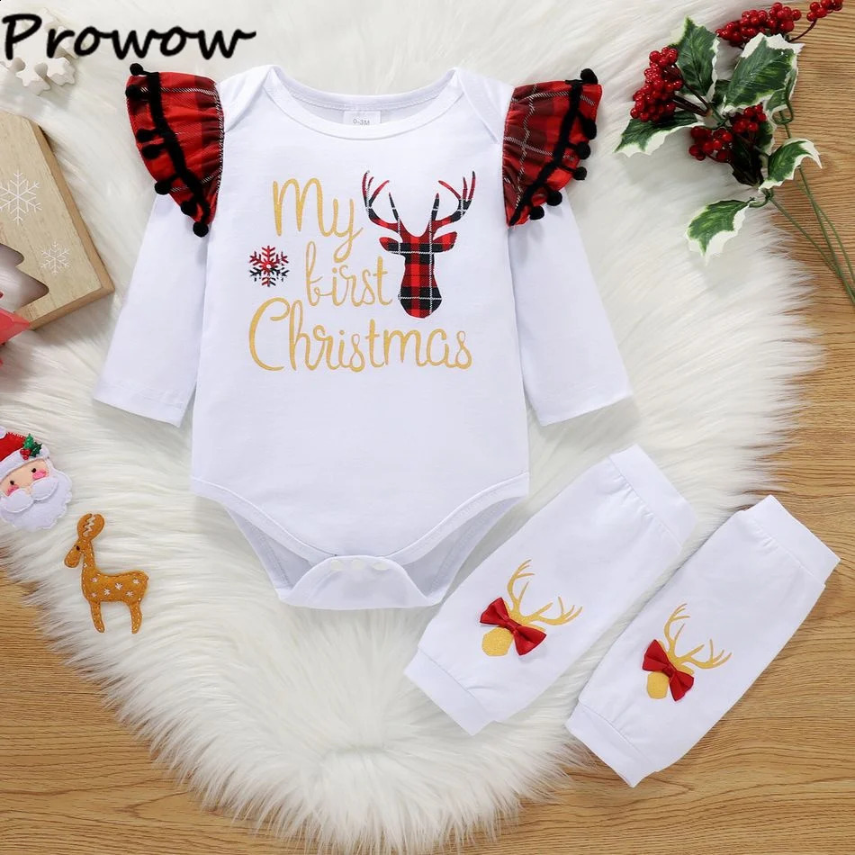 Clothing Sets Prowow My First Christmas Baby Girl Clothes Ruffle Romper Plaid Suspender Skirts 2023 Year Costume Outfit 231030