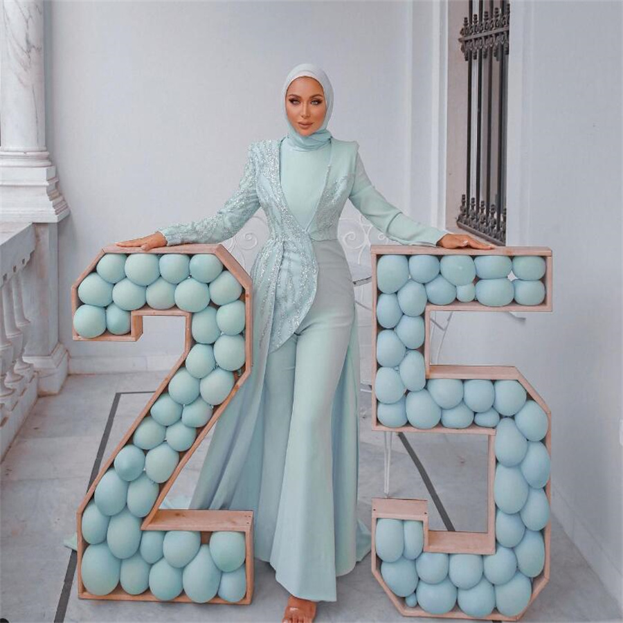 Middle East Muslimah Blue Prom Dress With Overskirt Saudi Arabic Dubai Abaya Jumpsuit Evening Dress Muslim Sequin Birthday Gowns Vestidos De Noche Gala 2024