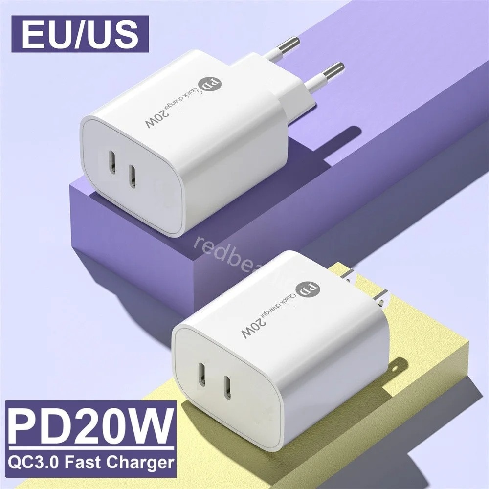 12W PD USB-C Wall Charger Dual USb Ports Type c Power Adapter 2.4A For IPhone Samsung S22 S23 Htc Android phone