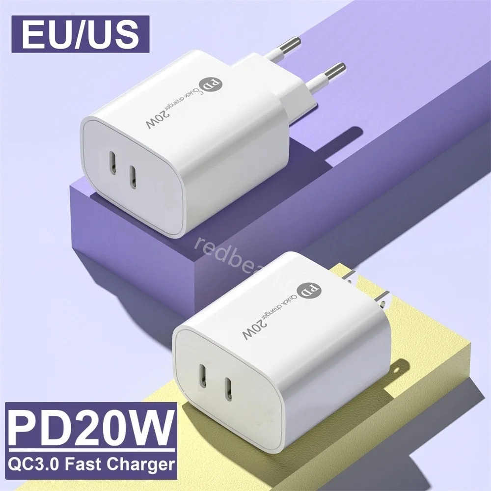 12W PD USB-C 벽 충전기 듀얼 USB 포트 타입 C 전원 어댑터 iPhone 용 Samsung S22 S23 HTC Android 전화 용 2.4a