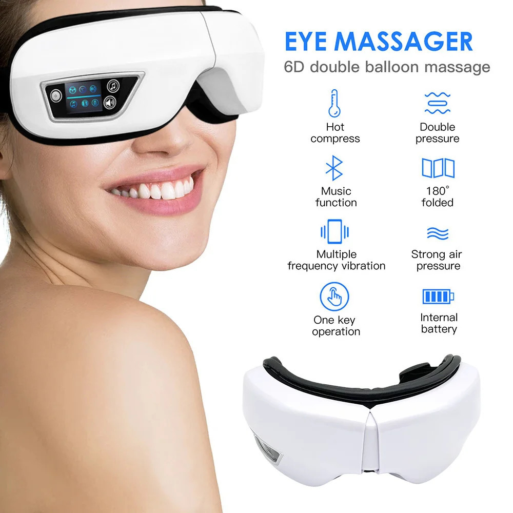 Olho massageador pressão de ar vibração massagem elétrica inteligente compressa airbag amassar instrumento bluetooth quente olhos cuidados pressoterapia 231030