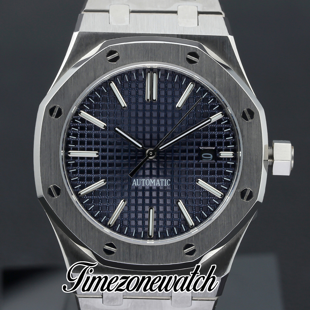 41mm neue blaue Textur automatische Herrenuhr 15400 Edelstahlarmband Stick Marker Datum Herrenuhren Timezonewatch Z16b