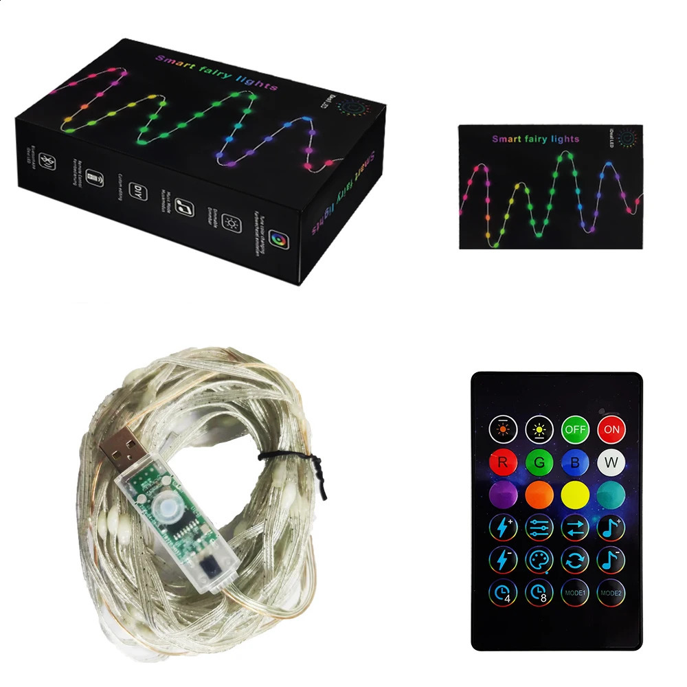 Kerstversiering WS2812B LED-lichtslinger BT RGB Kerstverlichting Feest 5m 10m Muziek APP RGBIC Droomkleur Adresseerbaar Individueel USB 5V voeding 231030