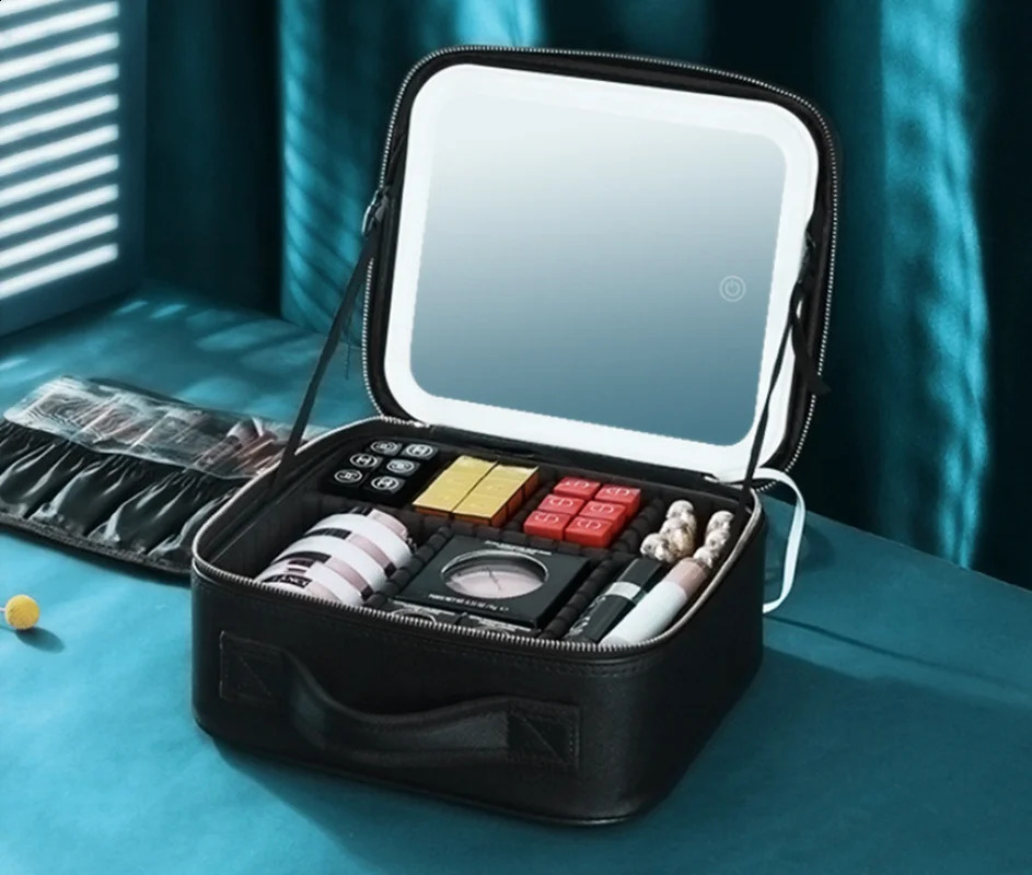 Borsa trucco compatta e intelligente a LED con luci a specchio Custodia cosmetica professionale di grande capacità donne Organizzatori di viaggio Kit di bellezza 231030