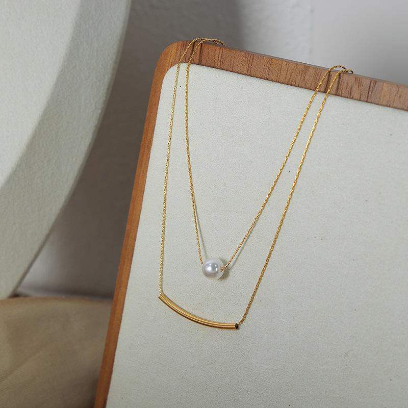 chic style fashion personality simple double layer wear wind necklace high light shell bead round tube pendant titanium steel jewelry female