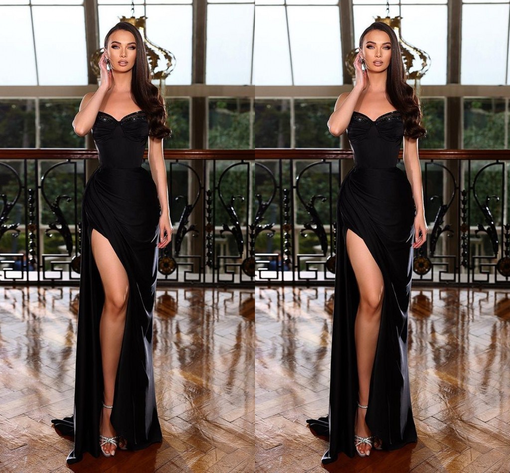 Robes de bal sexy noires sirène longues pour femmes chérie dos nu drapé haut côté fendu balayage train occasion formelle soirée fête d'anniversaire robes de concours