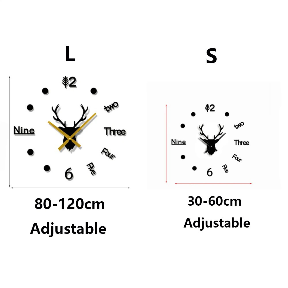 Zegary ścienne Duże głowica jelenia zwierciadło akrylowe naklejka kwarcowa zegarek do dekoracji domowej 231030