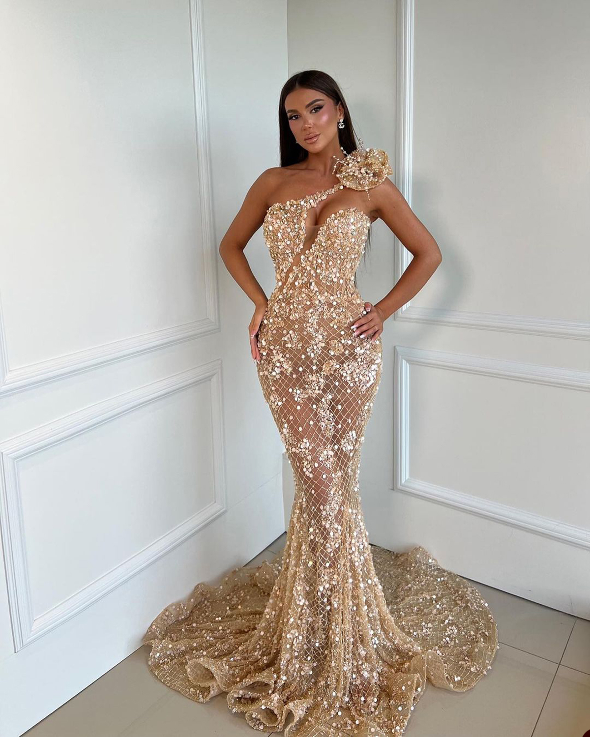 One Shoulder Evening Dresses Fashion Illusion Applique Mermaid Prom Dress Elegant Sweep Train Custom Made Party Gown