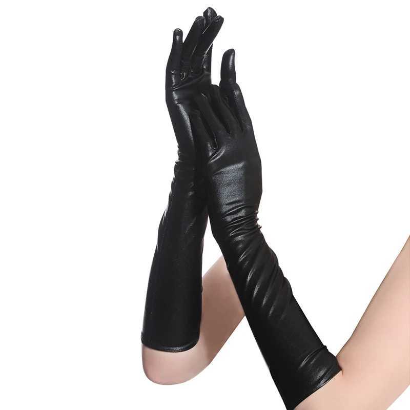 Fingerless Gloves Patent Leather Sexy Black Long Gloves Women Full Fingers Gloves Evening Party Performance Mittens Elbow Length Long coated GloveL231017
