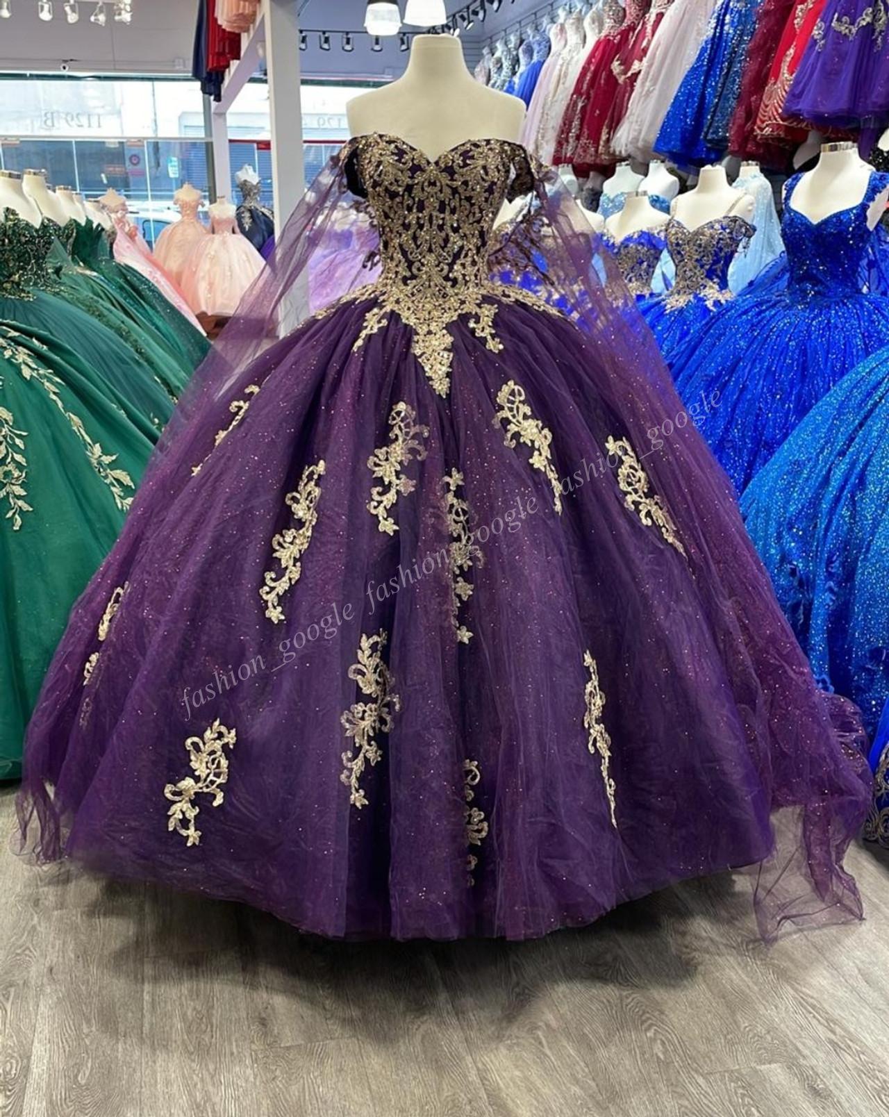 Fuchsia Quinceanera Dress 2024 Cape Glitter Tulle Charro Mexican Quince Sweet 15/16 Birthday Party Gown for 15th Girl Drama Winter Formal Prom Gala Gold Lace Applique