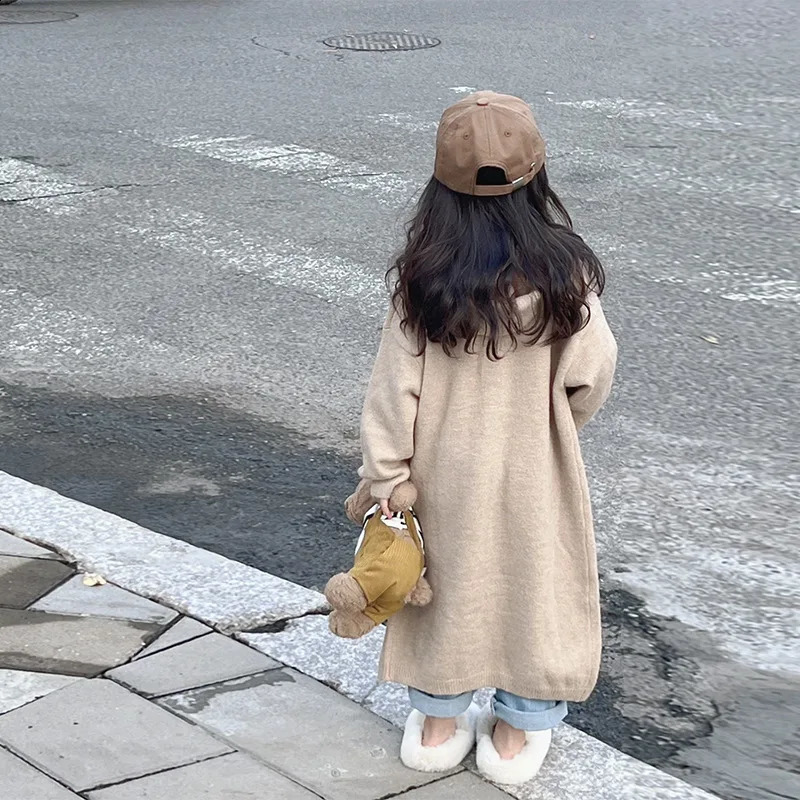 풀오버 어린이 의류 봄 가을 소녀 뜨개질 가디건 세련된 한국 스타일 느슨한 슬리밍 중간 긴 스웨터 코트 231030