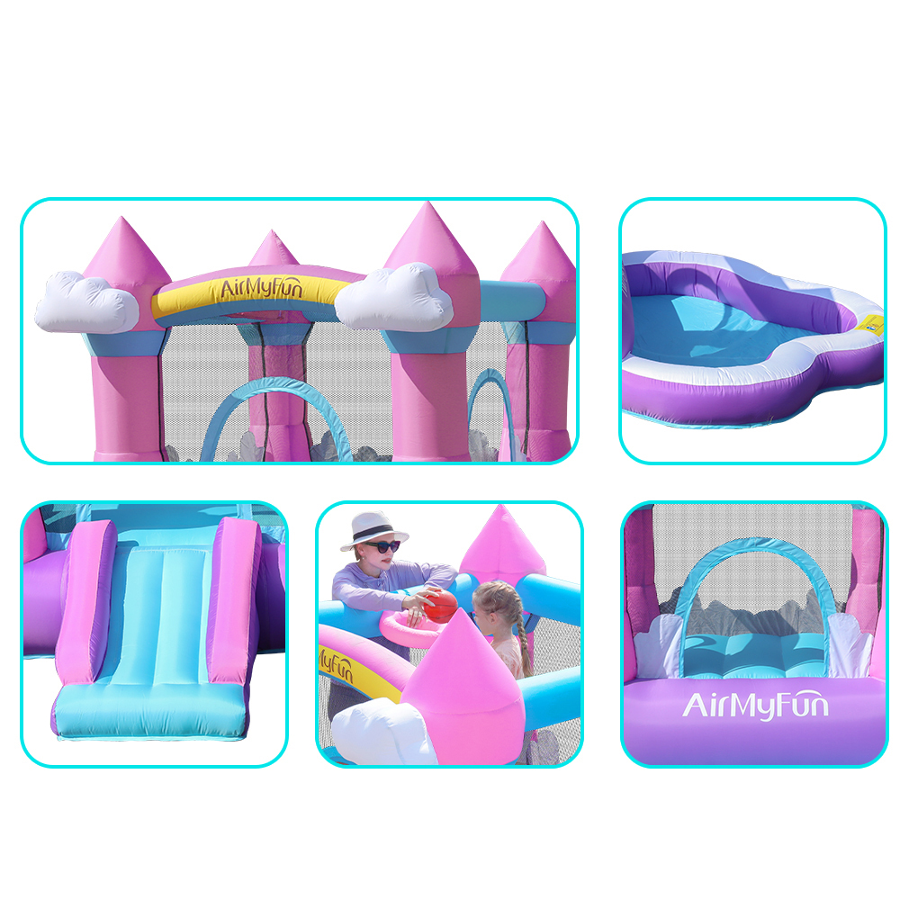 Playhouse inflável interior para meninas Bouncer House Indoor Kids Jumper Castle Slide Bouncy Outdoor Park Brinquedos Crianças brincam Fun Cloud Pink com Ball Pit Moonwalk