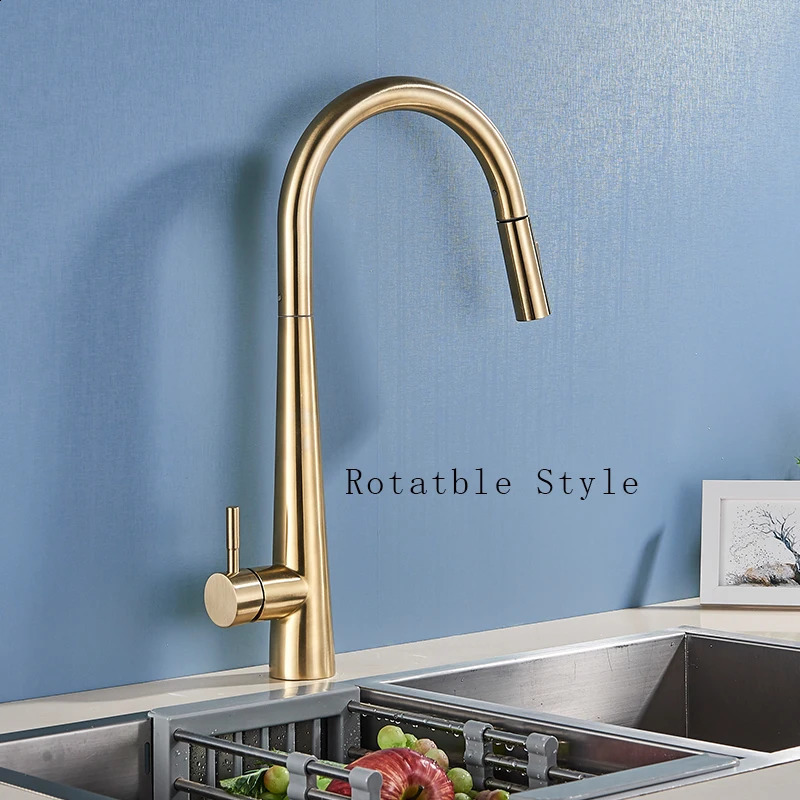 Kitchen Faucets Thickened Brass Brushed Nickel Golden Faucet Pull Out Spray Tap 360° Rotatble Cold Sink Mixer Crane 231030