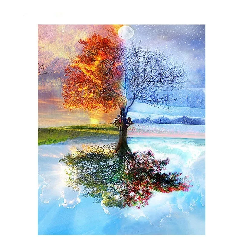 Arte decorativa de paisagem contemporânea, pintura a óleo de árvore de quatro estações em tela para decoração de parede de casa de natal, imagem de arte artesanal