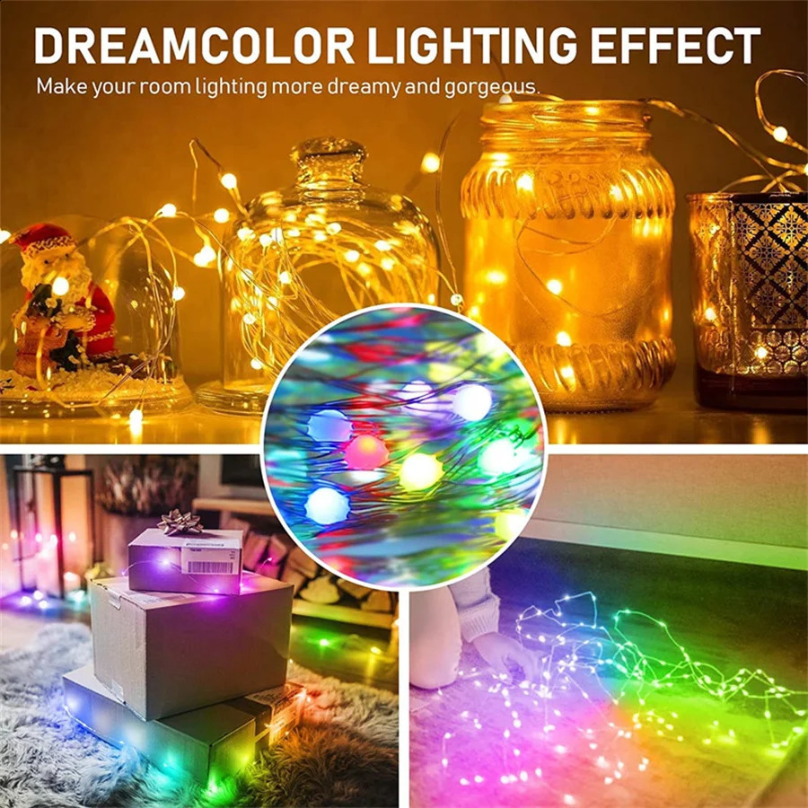 Décorations de Noël Guirlandes lumineuses 100200 LED Changement de couleur Smart String Light Étanche APP Contrôle Twinkle pour Chambre Arbre de Noël 231030