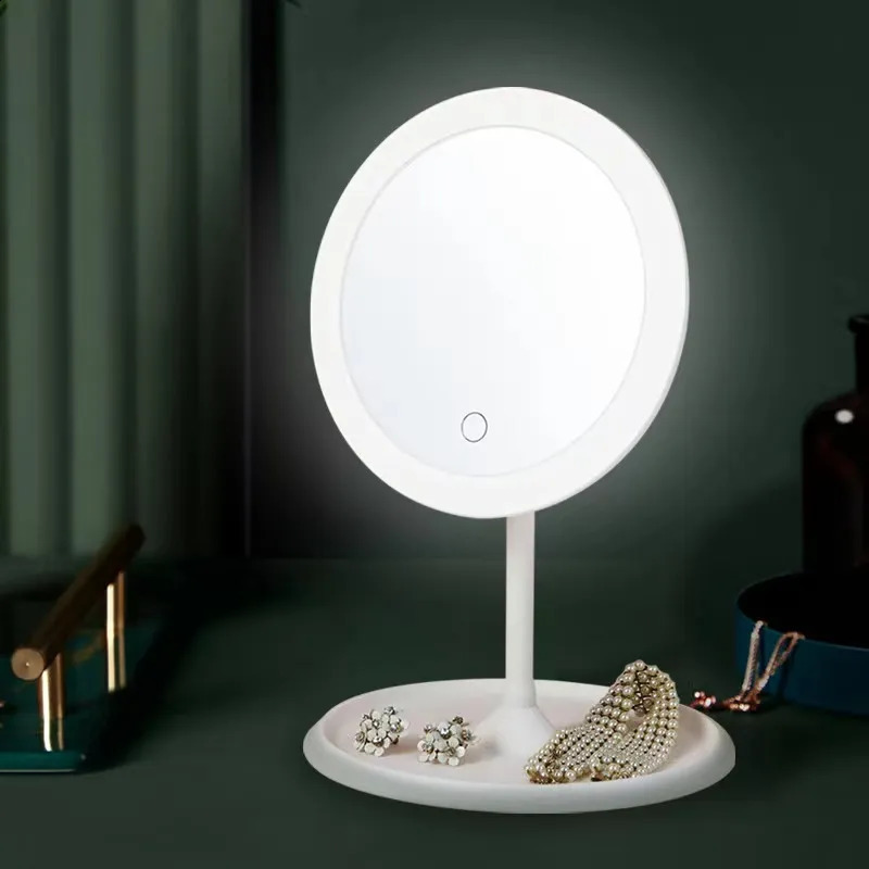 Miroir de maquillage à LED compact avec lampe lumineuse avec rangement de bureau miroir cosmétique rotatif lumière réglable gradation miroir de vanité USB 231030