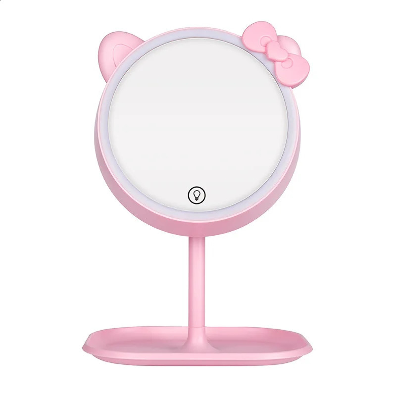 Miroir de maquillage Compact chat rose avec miroir Led sur pied, écran tactile, miroir de vanité, lumière réglable, cosmétique de bureau 231030