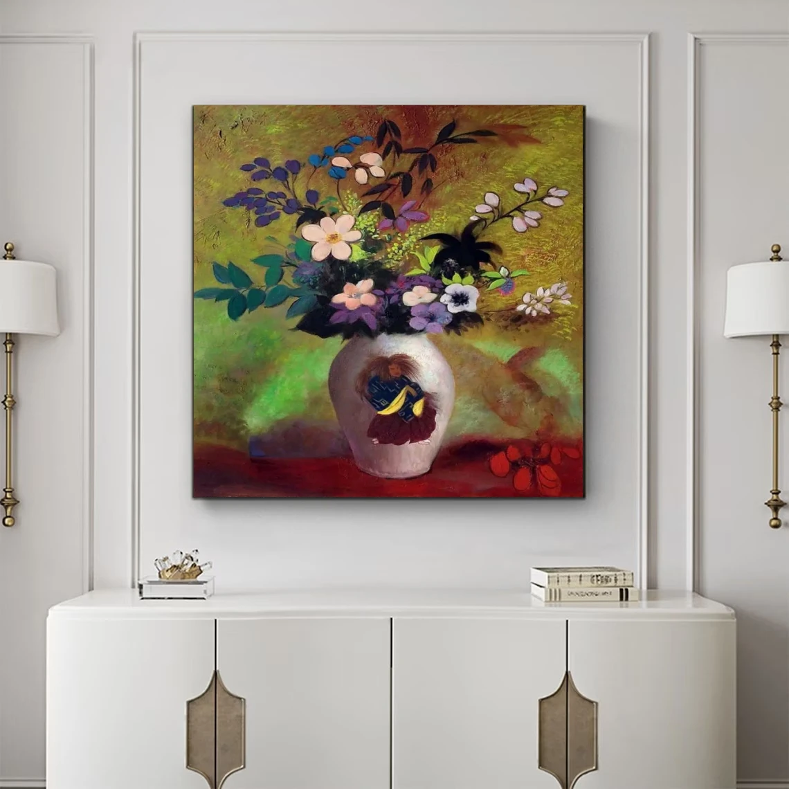 Stilleven decoratief olieverfschilderij voor keukenvaas met Japanse krijger, 1905 door Odilon Redon canvas muur foto handgeschilderde