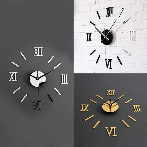 Horloges murales 3D acrylique miroir surface chiffres romains horloge autocollants maison bricolage décor 10WG 231030