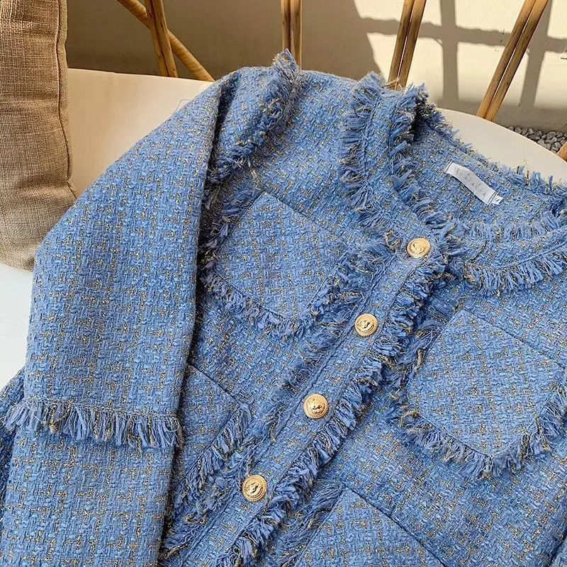 Misto lana da donna Chic Giacca invernale da donna in tweed con frange e perline Cappotto di lana blu femminile di alta qualità 231030