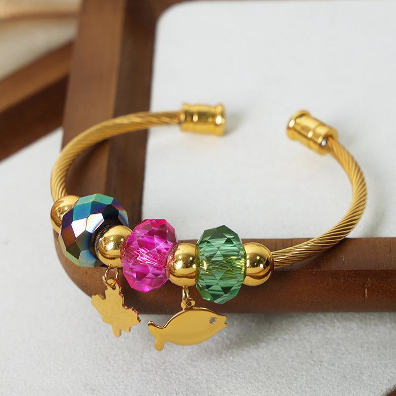 ins stil enkel modetillbehör flerfärgad kristallsten pärlstav designkänsla titan stål guldpläterad öppen armband