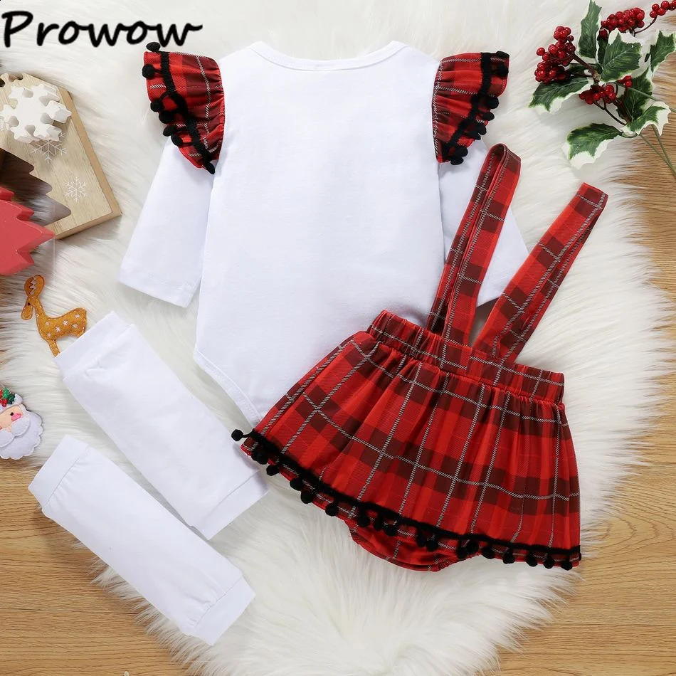 Clothing Sets Prowow My First Christmas Baby Girl Clothes Ruffle Romper Plaid Suspender Skirts 2023 Year Costume Outfit 231030