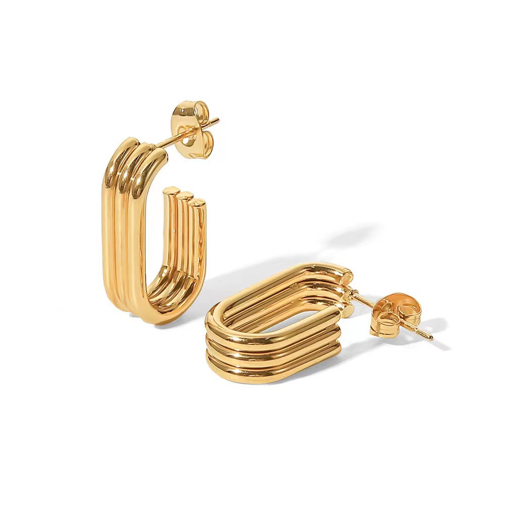 Multi-Layer Real Gold Plated 18k Titanium Steel Earrings Women's rostfritt stål Geometriska ovala studörhängen Kvinna