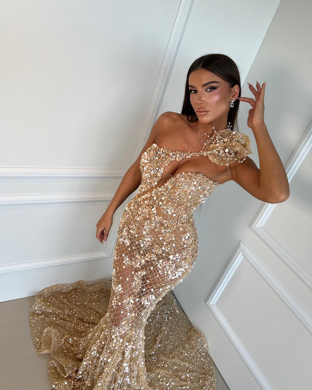 One Shoulder Evening Dresses Fashion Illusion Applique Mermaid Prom Dress Elegant Sweep Train Custom Made Party Gown