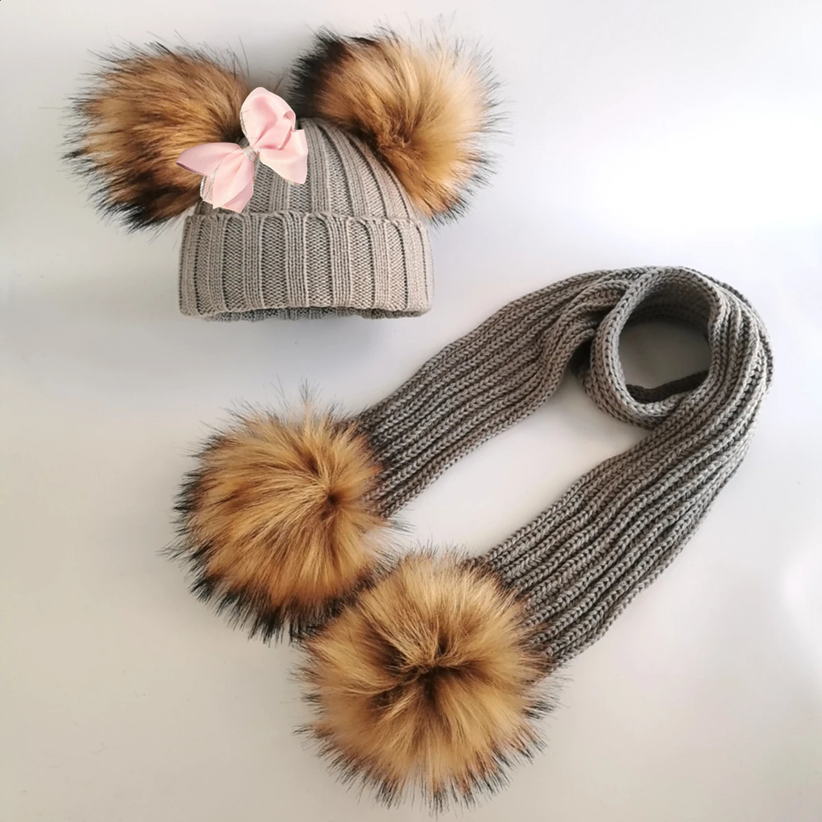 Pillows kids winter toddler baby faux fur butterfly ribbon tie hat cap beanie with 2 two double pom poms scarf ears for girl 231030