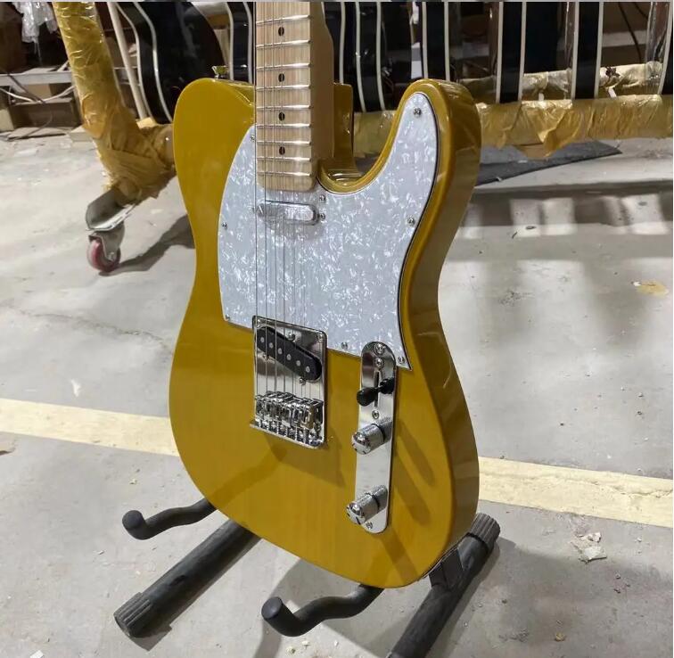 tl-Electric Guitar White Pearl Pickguard, Maple Fingerboard, Nature Yellow Color, High Quality Guitarar, 
