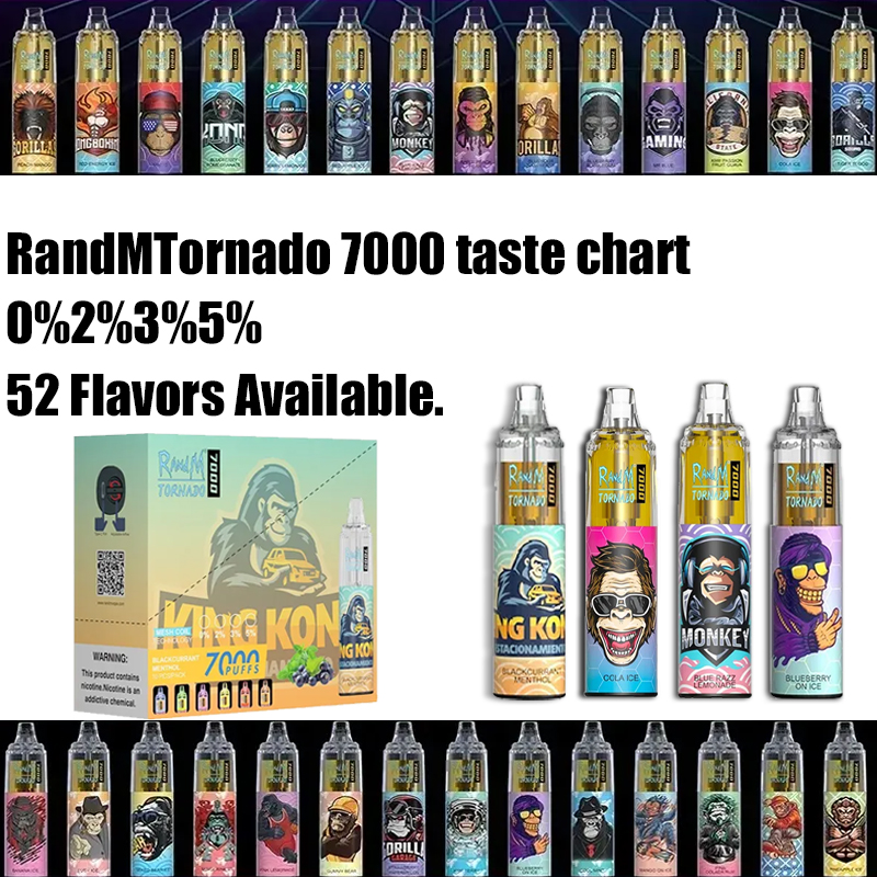 Vape Pen RandM Tornado 7000 Puffs Одноразовые электронные сигареты Pod Mesh Многоцветная катушка Регулируемый поток воздуха 0% 2%3% 5% Батарея Перезаряжаемый испаритель Vape