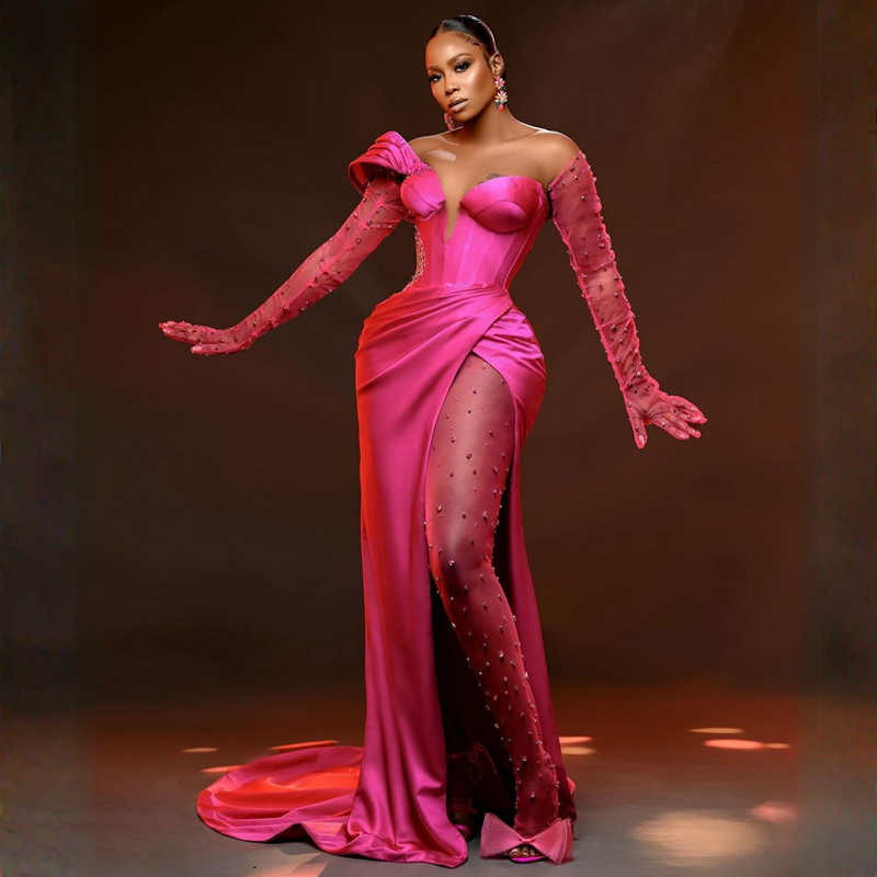 Grande taille une épaule robes de soirée fuchsia manches longues col en v profond côté fendu tulle perlé strass africain Nigeria femmes robe de bal deuxième robes de réception