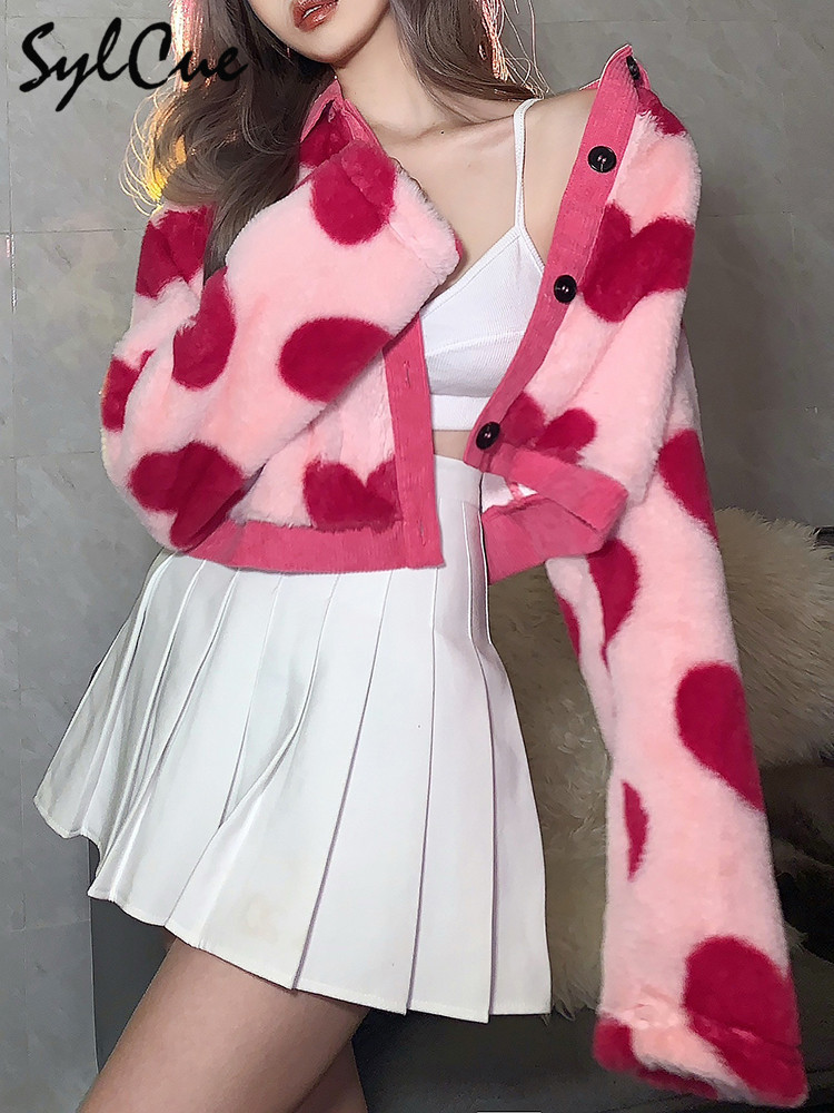 Giacche da donna Sylcue Pink Girl Youth Cute AllMatch Love Contrast Woolen Loose Confortevole ed elastico Top coat corto da donna 220901