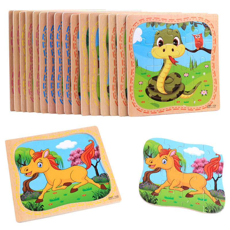 Cartone animato 16 pezzi piccoli pezzi puzzle giocattolo bambini animale in legno puzzle bambino primi giocattoli educativi scuola materna regalo bambini