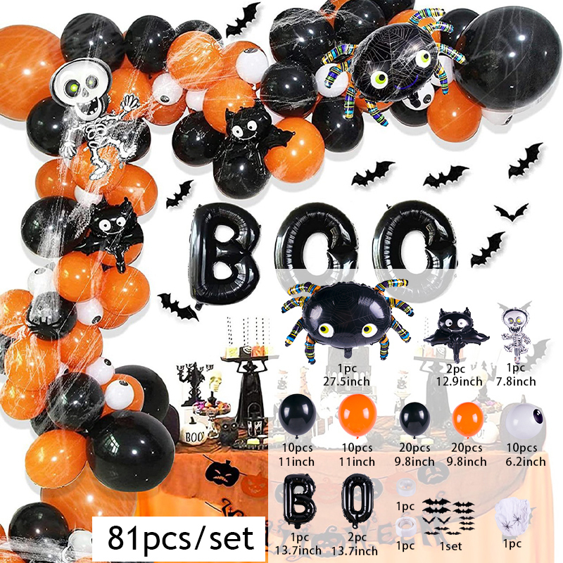 Décoration de fête Halloween Ballons Garland Arch Kit Chauve-Souris Araignée Squelette Feuille Décor Noir Orange Latex Globe 220901