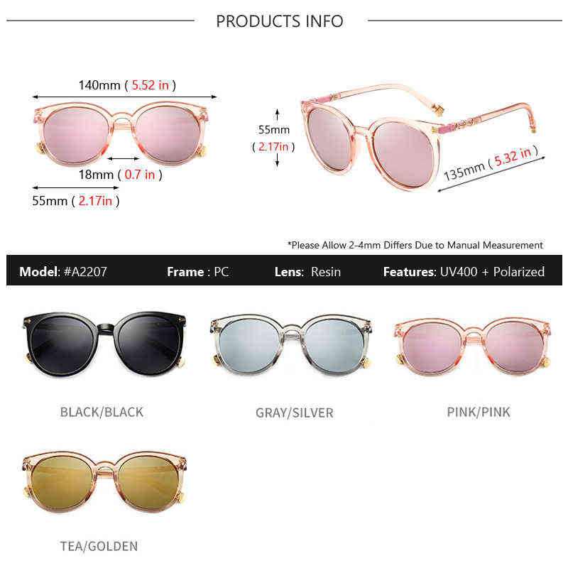 Lunettes de soleil AOWEAR femmes rondes miroir lunettes de soleil polarisées femmes clair Hipster Vintage lunettes de soleil dames lunettes roses avec étui Oculos T220831